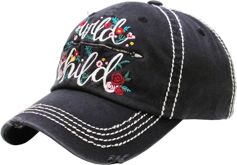 Distressed Embroidered Baseball Cap - Wild Child (Black)