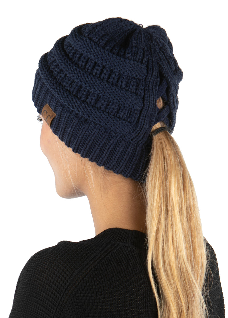Criss Cross Beanie Tail Messy Bun High Ponytail Knit Cap