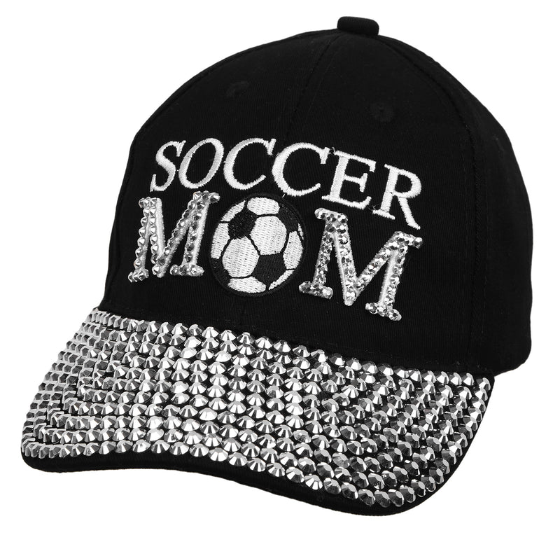 Funky Junque’s Women’s Silver Rhinestone Bill Sports Mom Bling Baseball Cap Hat - Soccer Black